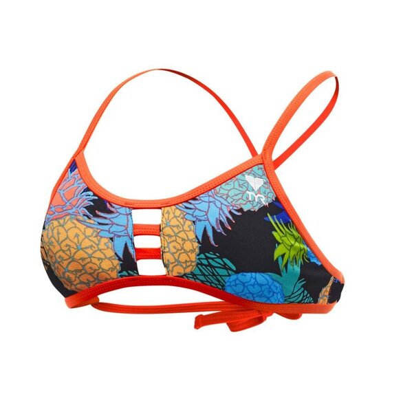 TYR Durafast One Pacific Tieback Bikini Swim Top Pineapple Print Black Orange XS - Picture 1 of 10